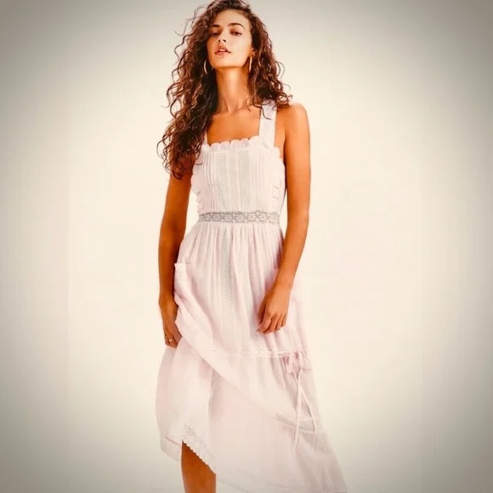 * LoveShackFancy * pale pink • pinafore midi/maxi cotton * lace dress *sz. 00 <3